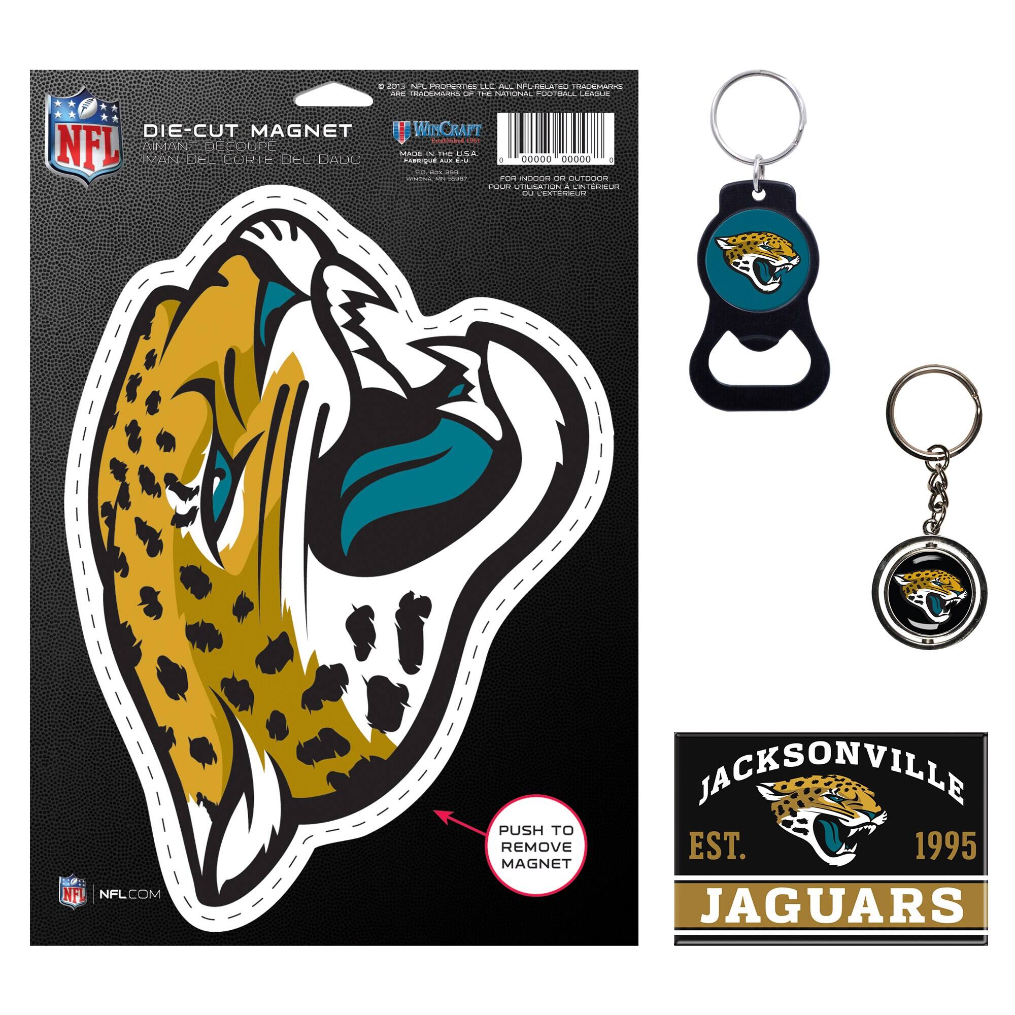 - DIE-CUT MAGNET
- MANDE DE COUPE DE DADO
- NFL
- WINCRAFT
- MADE IN USA
- PUSH TO REMOVE MAGNET
- JACKSONVILLE
- EST. 1995
- JAGUARS
- NFL.COM