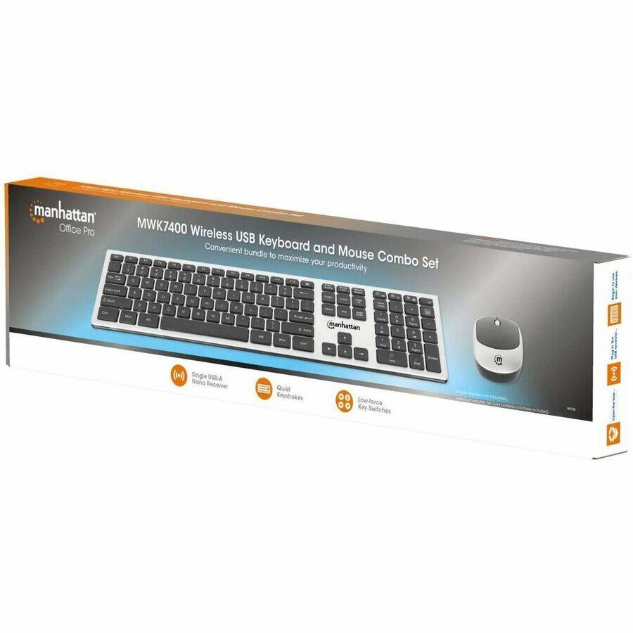 manhattan  
Office Pro  

MWK7400 Wireless USB Keyboard and Mouse Combo Set  

Convenient bundle to maximize your productivity  

- Single USB-A Nano Receiver  
- Quiet Keytrikes  
- Low-force Key Switches  

(manhattan logo)