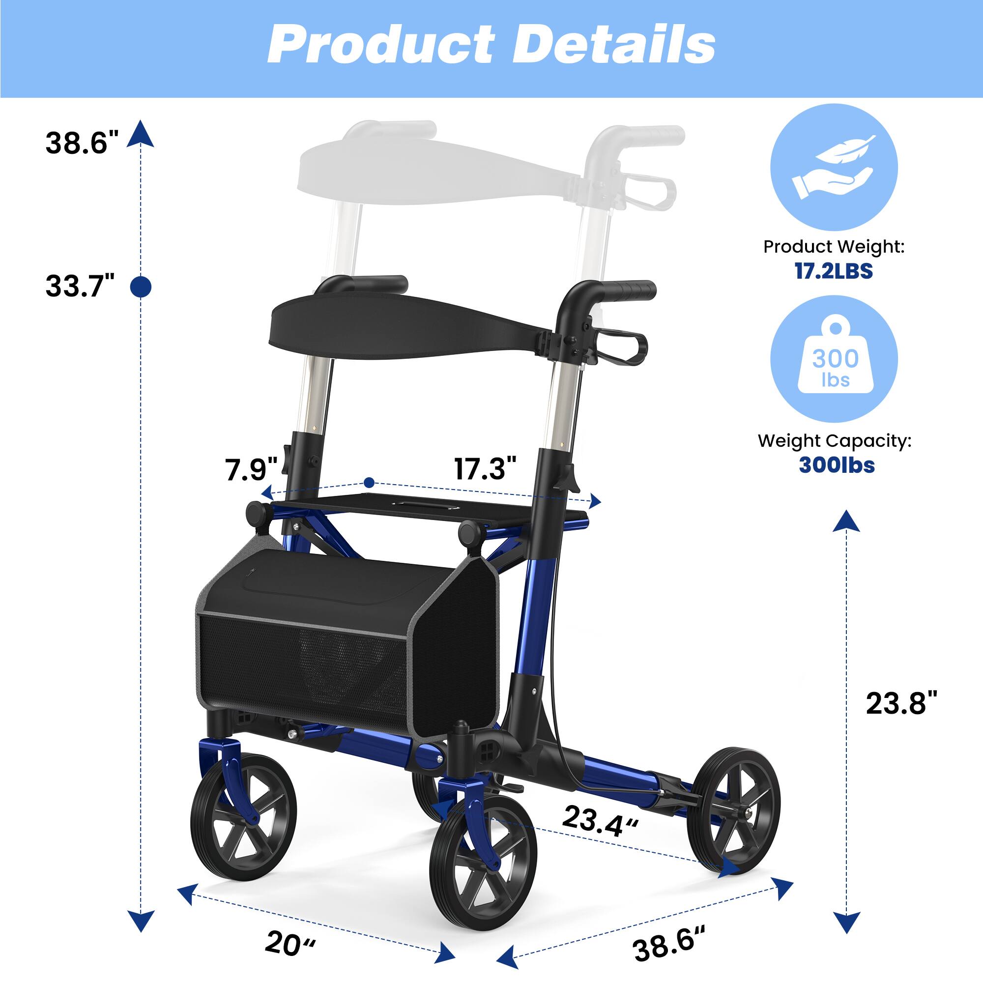 Product Details

- Product Weight: 17.2LBS
- Weight Capacity: 300lbs

Dimensions:
- Height: 38.6"
- Width: 33.7"
- Depth: 23.8"
- Seat Height: 17.3"
- Seat Width: 17.3"
- Seat Depth: 20"
- Base Width: 38.6"
- Base Depth: 23.4"