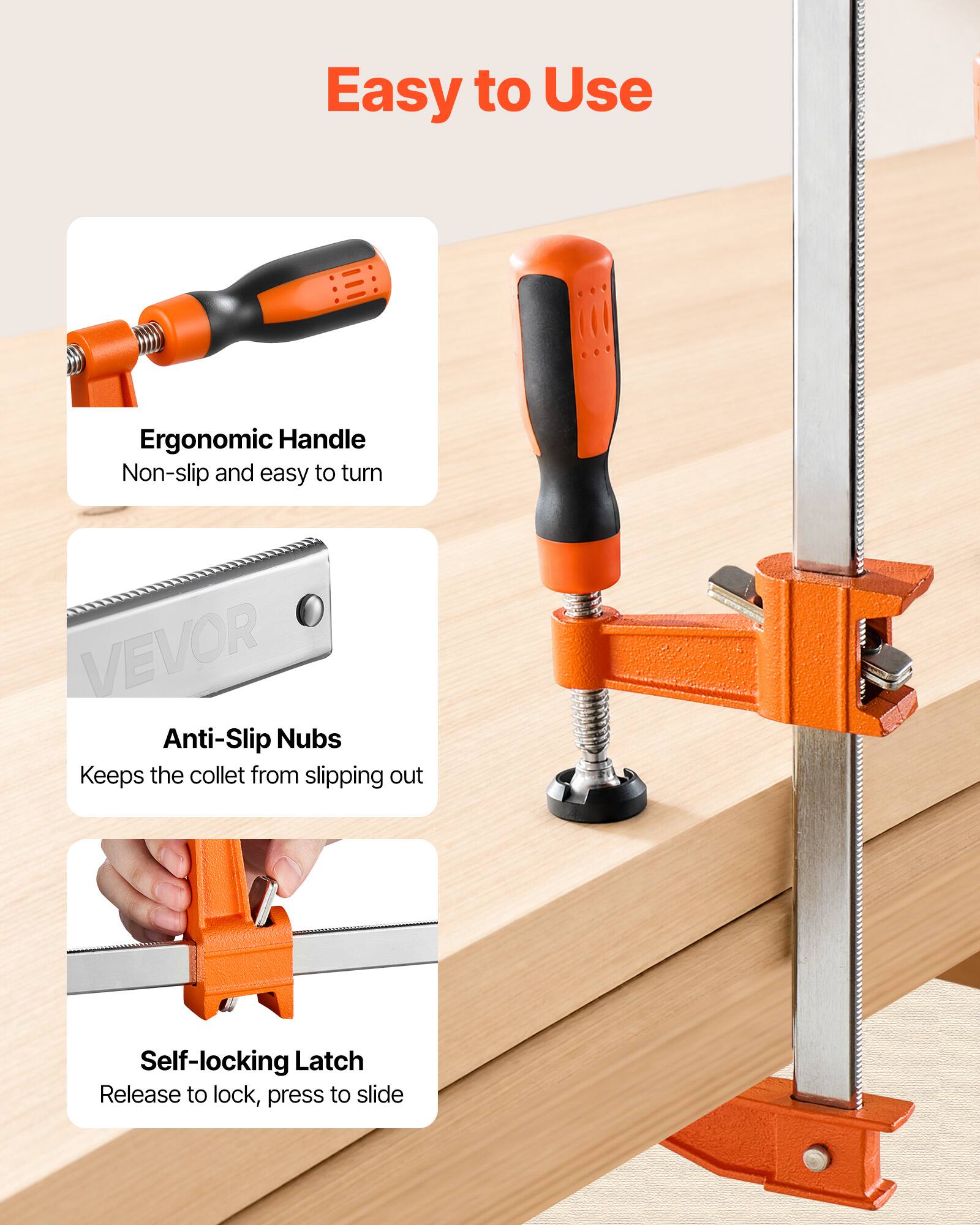 Easy to Use

Ergonomic Handle
Non-slip and easy to turn

Anti-Slip Nubs
Keeps the collet from slipping out

Self-locking Latch
Release to lock, press to slide