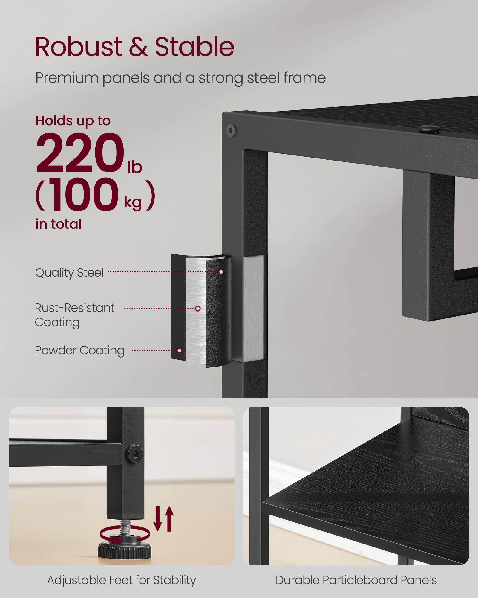Robust & Stable  
Premium panels and a strong steel frame  

Holds up to  
220 lb (100 kg) in total  

Quality Steel  
Rust-Resistant Coating  
Powder Coating  

Adjustable Feet for Stability  
Durable Particleboard Panels