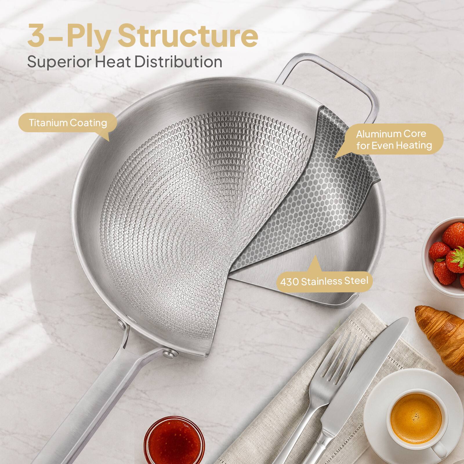 3-Ply Structure  
Superior Heat Distribution  
Titanium Coating  
Aluminum Core for Even Heating  
430 Stainless Steel