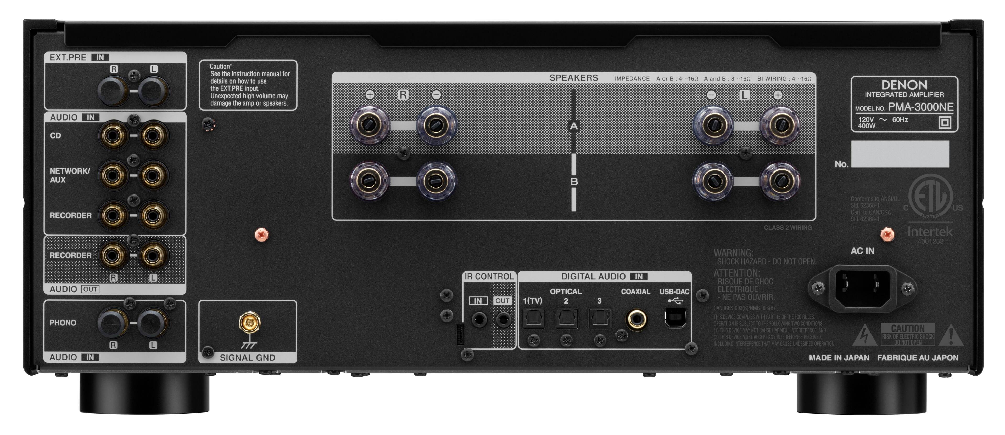 The image shows a Denon integrated amplifier with a variety of input options, including an EXTPRE input. The amplifier is designed to handle a wide range of impedance levels, from 4 to 160 Ohms. It is important to follow the instructions in the manual to ensure proper use and avoid potential damage to the amplifier or speakers. The amplifier is made in Japan and features a 400W net power output. It also has a USB-DAC input, allowing for digital audio input through a USB connection. The device is designed to accept a wide range of input signals, including RCA, optical, coaxial, and USB-DAC. It is crucial to follow the manufacturer's guidelines and use the appropriate cables and connections for each input type.