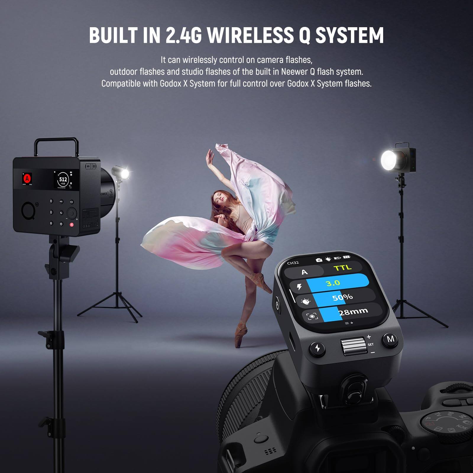 BUILT IN 2.4G WIRELESS Q SYSTEM

It can wirelessly control on camera flashes, outdoor flashes and studio flashes of the built in Neewer Q flash system. Compatible with Godox X System for full control over Godox X System flashes.

1 512 -- CHE2 A - WES TTL 3.0 50% 28mm 4 + SEn M f