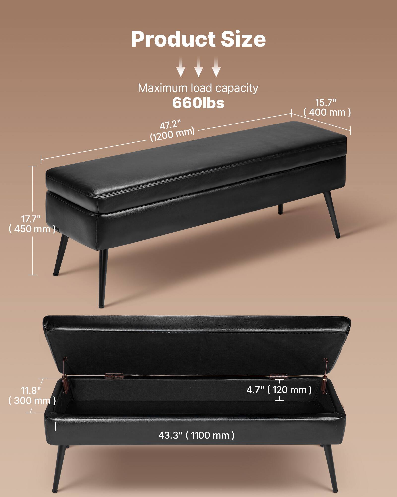 Product Size  
Maximum load capacity 660lbs  
47.2" (1200 mm)  
15.7" (400 mm)  
17.7" (450 mm)  
11.8" (300 mm)  
4.7" (120 mm)  
43.3" (1100 mm)