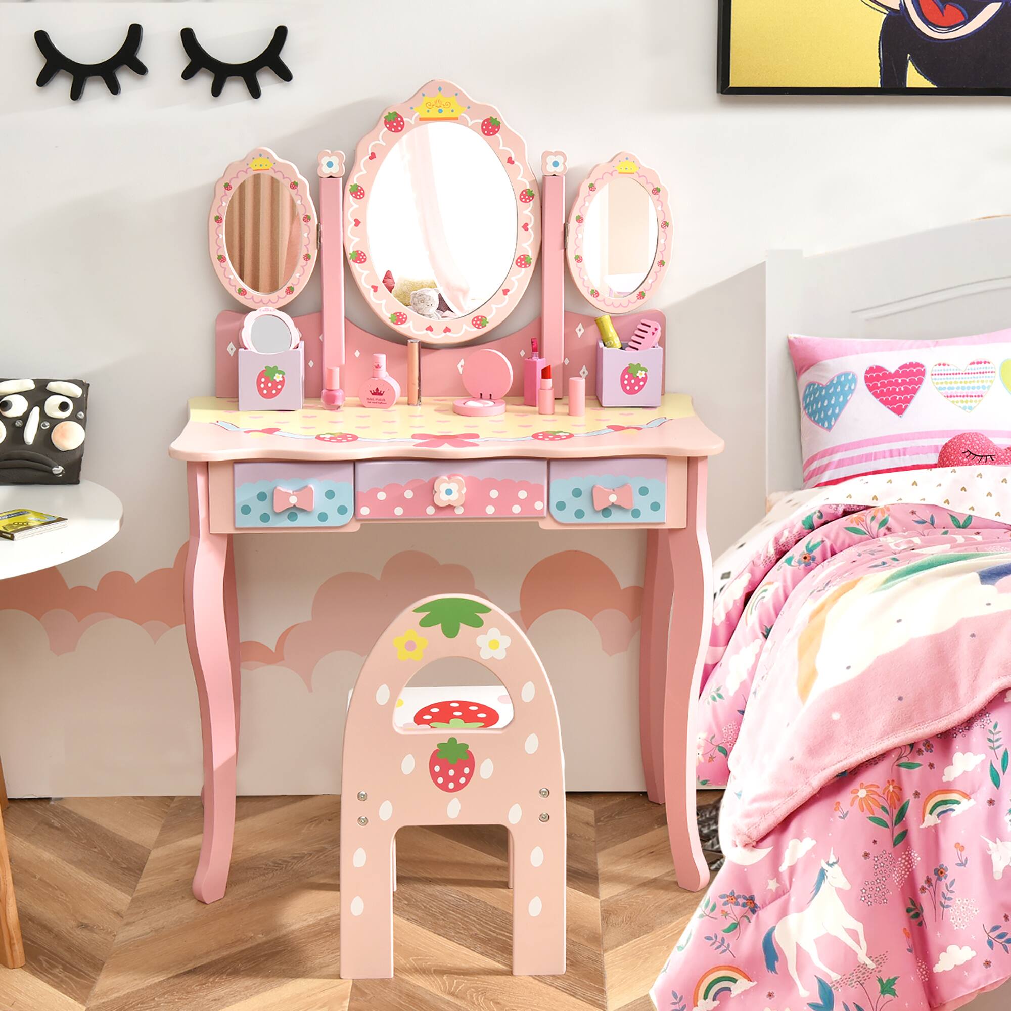 Alt View 1. Costway - Costway Kids Vanity Princess Makeup Dressing Table Chair Set w/ Tri-fold Mirror - Pink.
