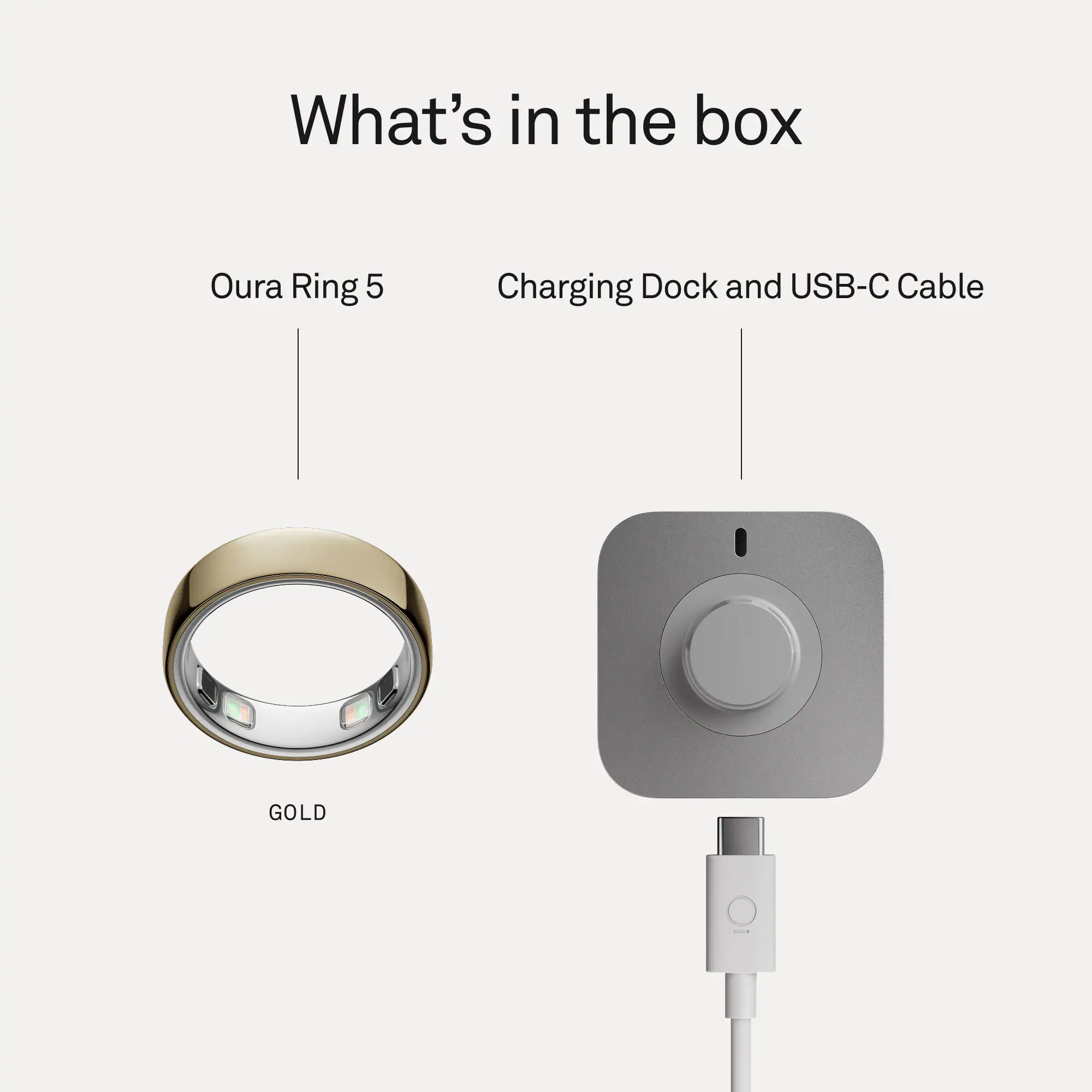 What's in the box: Oura Ring 5, Charging Dock and USB-C Cable (GOLD)