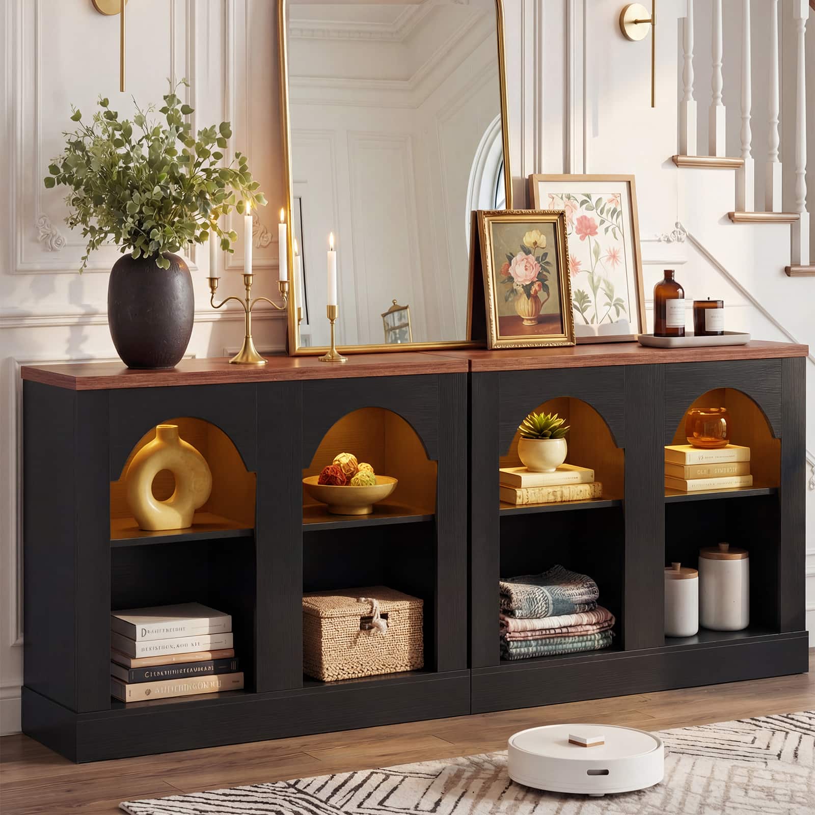 Aheaplus - 94" Arched Farmhouse Console Table with LED Lights & Adjustable Shelves - Entryway, Hallway & Living Room - Black and Rustic
