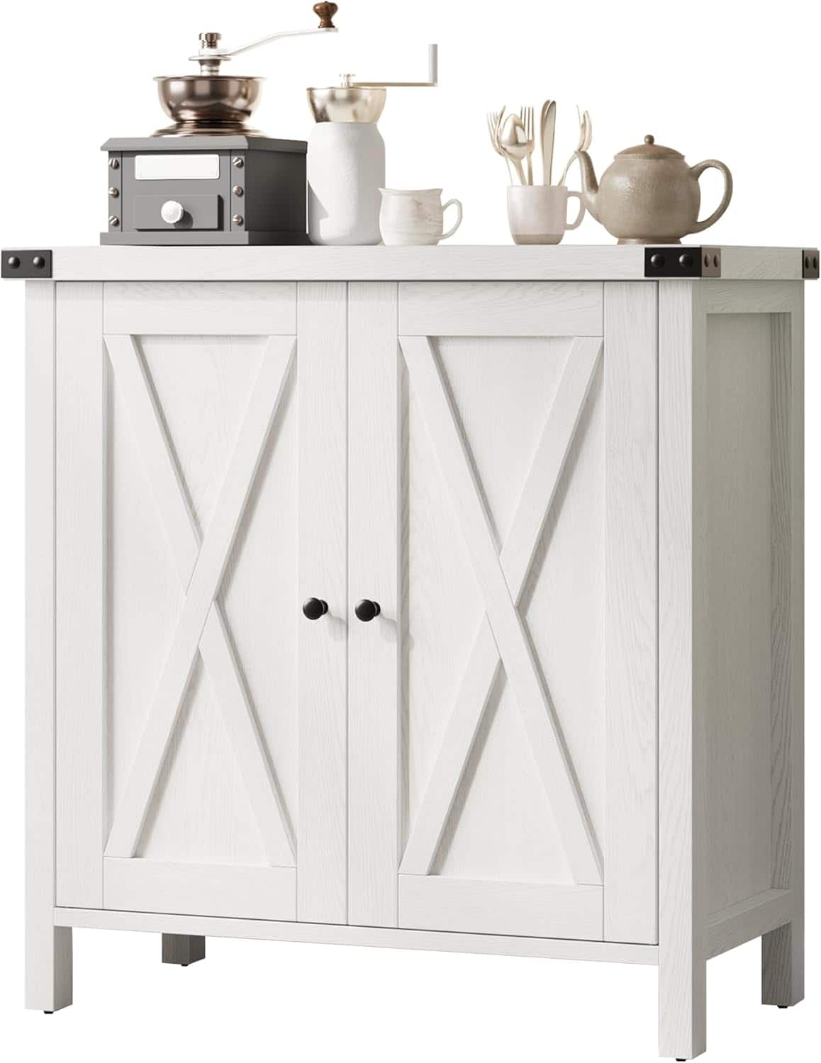 Homhougo - Coffee Bar Cabinet with Storage, 30" Farmhouse Kitchen Storage Cabinet with Adjustable Shelf, Console Table for Dining - Rustic White