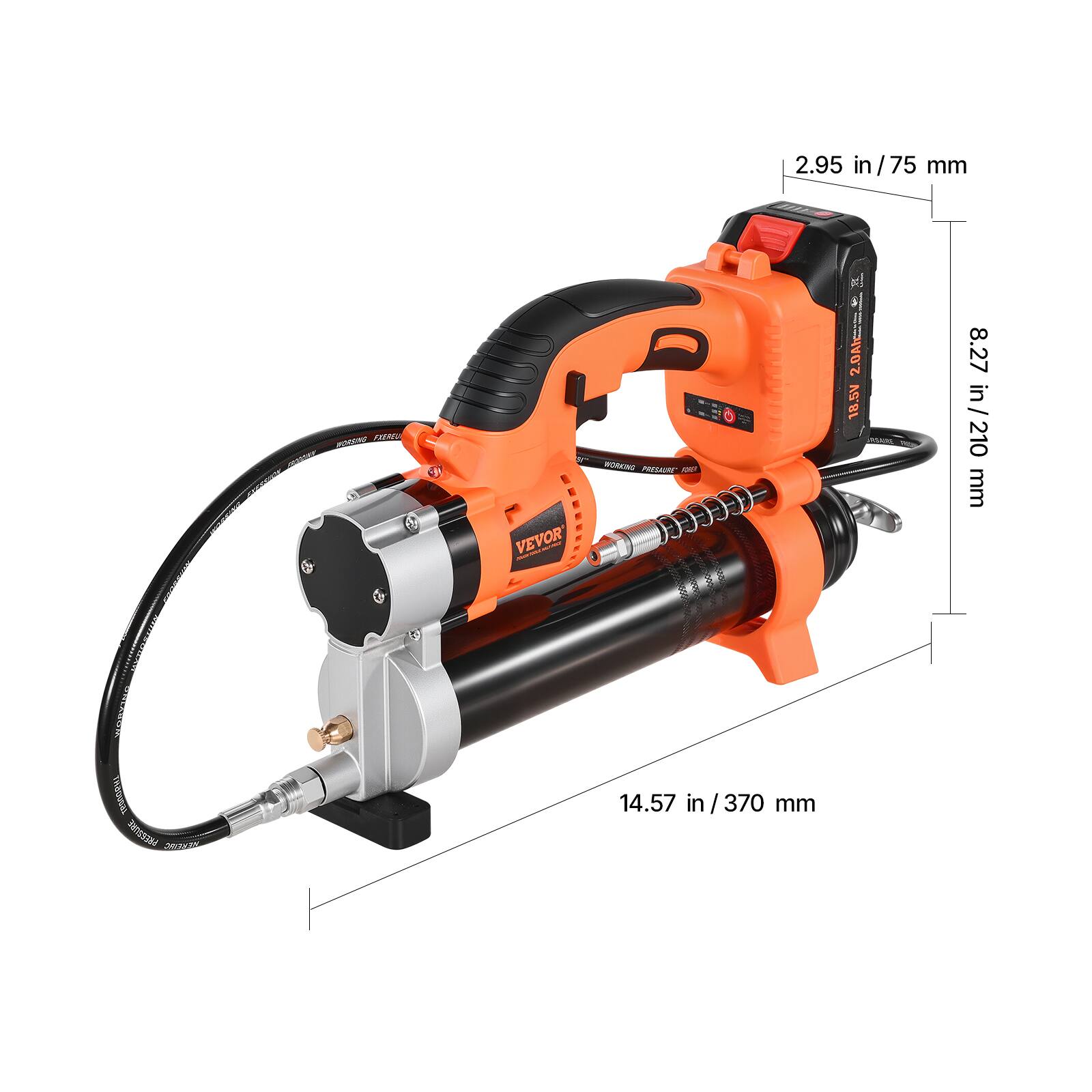 2.95 in / 75 mm  
20N C  
VEVOR  
18.5V  
8.27 in / 210 mm  
14.57 in / 370 mm
