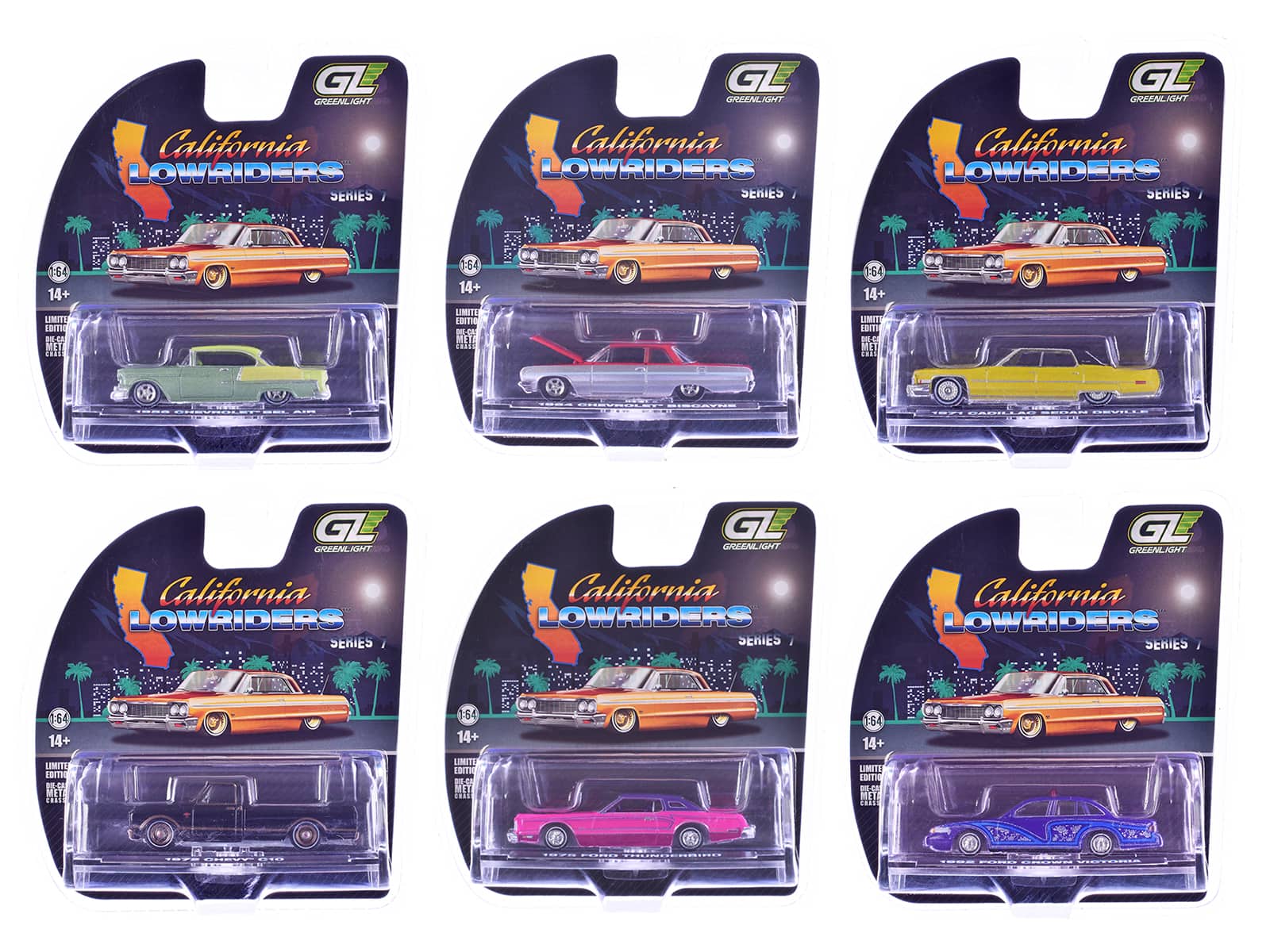 "California Lowriders" Series 7 Set of 6 pieces 1/64 Diecast Model Cars by Greenlight - Multi