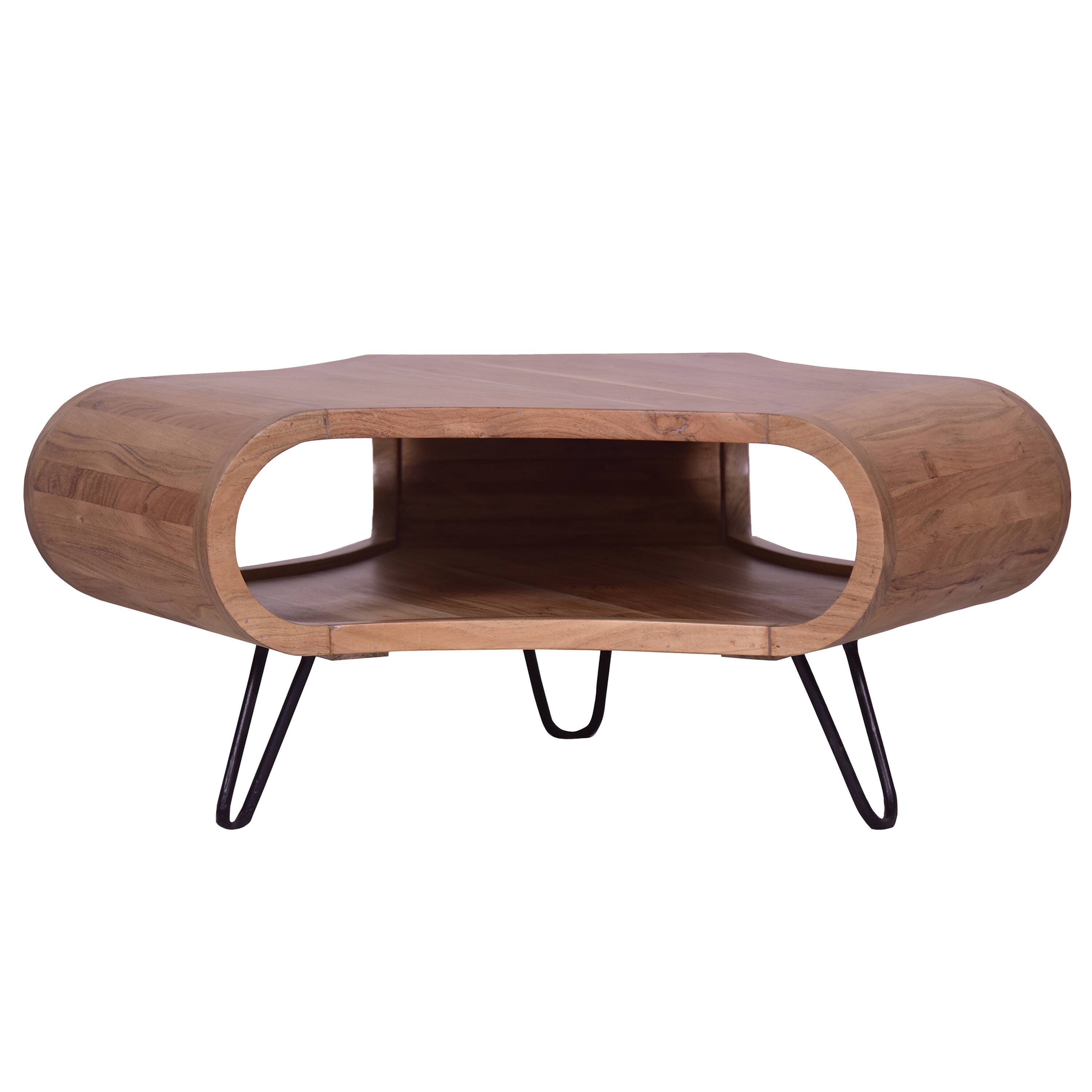 Angle. Manhattan Lane - 37 Inch Coffee Table, Handcrafted Curved Hexagon Shape with Open Shelf, Natural Brown Acacia Wood, Iron Legs - Brown, Black.