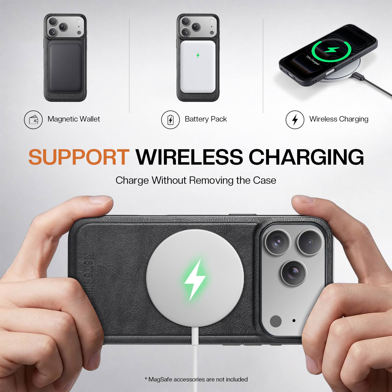NSI Charged  
Magnetic Wallet  
Battery Pack  
Wireless Charging  
SUPPORT WIRELESS CHARGING  
Charge Without Removing the Case  
*MagSafe accessories are not included