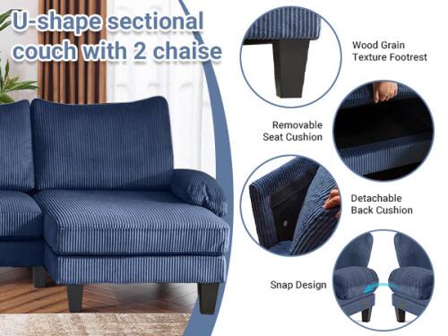 U-shape sectional couch with 2 chaise

- Wood Grain Texture Footrest
- Removable Seat Cushion
- Detachable Back Cushion
- Snap Design