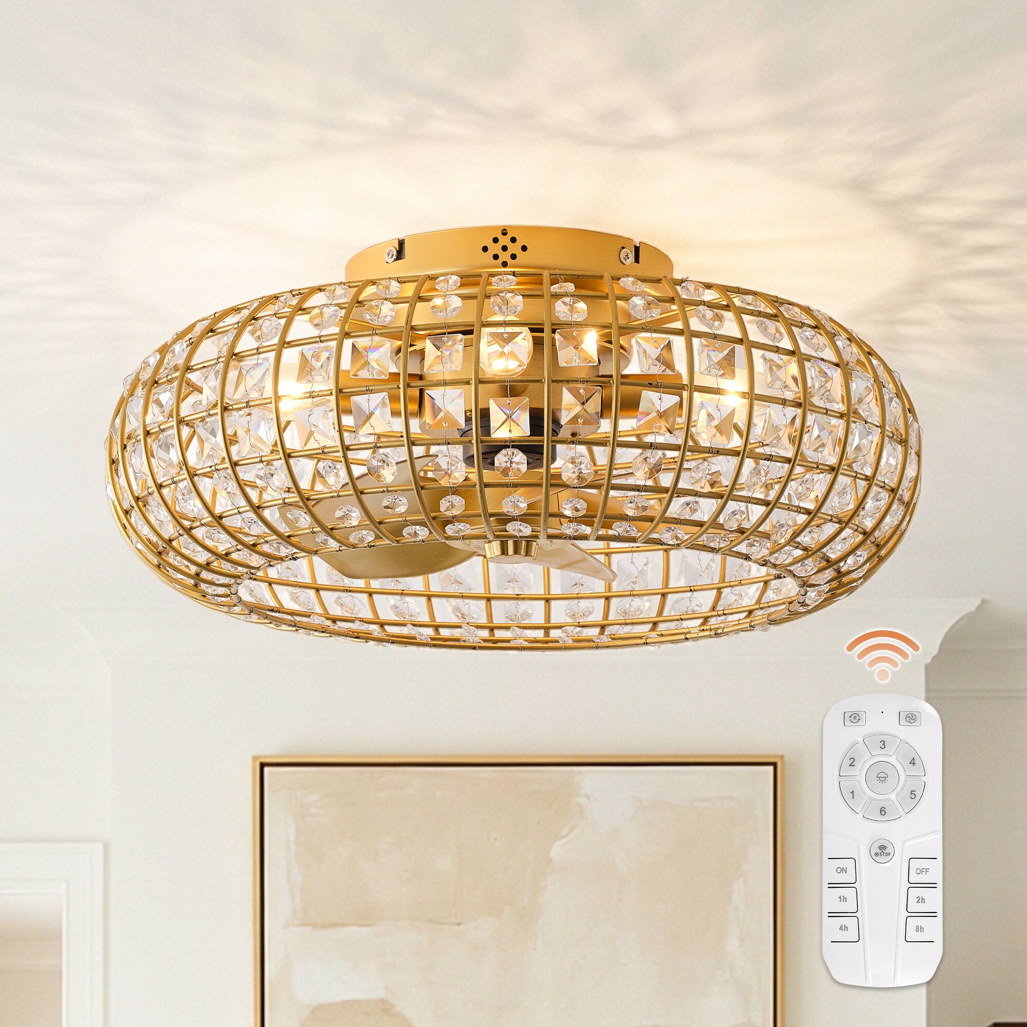 Vaczon - 20" Modern Luxury Crystal Flush Mount Caged Ceiling Fan with Light and Remote, 6-Speed DC Motor - Gold