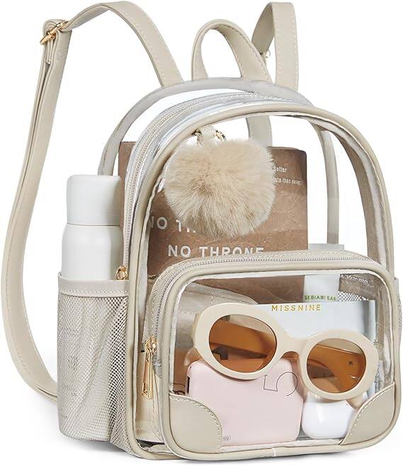Vulpecula Spade - Anti-theft Clear Backpack, Small Mini Clear Bag for Sport Event Concert with Cute Fur Ball - Khaki