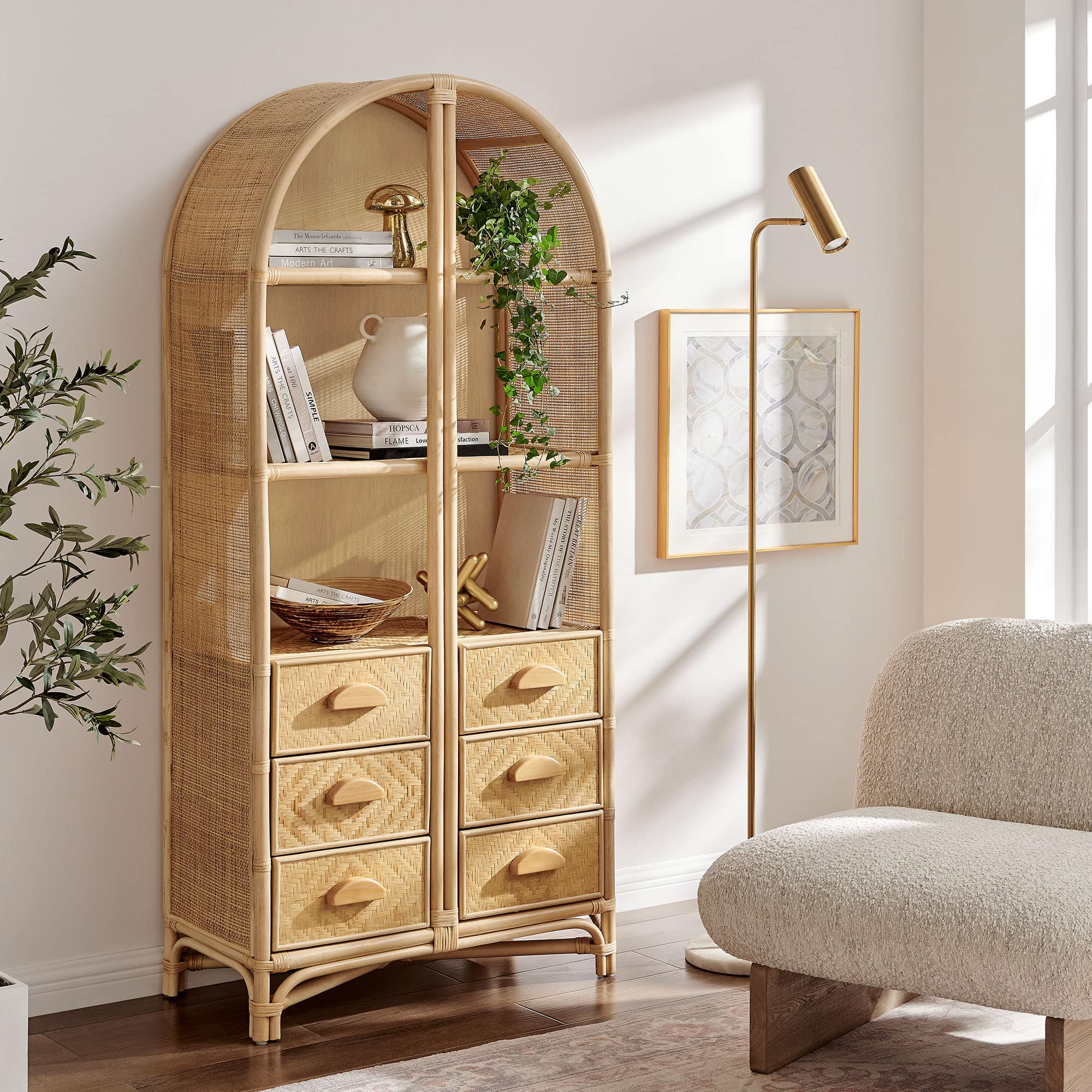 Jane 71 Inch Tall Arched Rattan Bookshelf by Modway - Natural