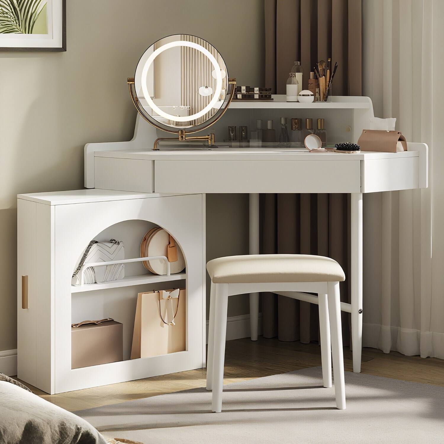 Front. Lirago - White Corner Makeup Vanity Table with LED Lights Dressing Table Desk with Mirror for Small Spaces - White.