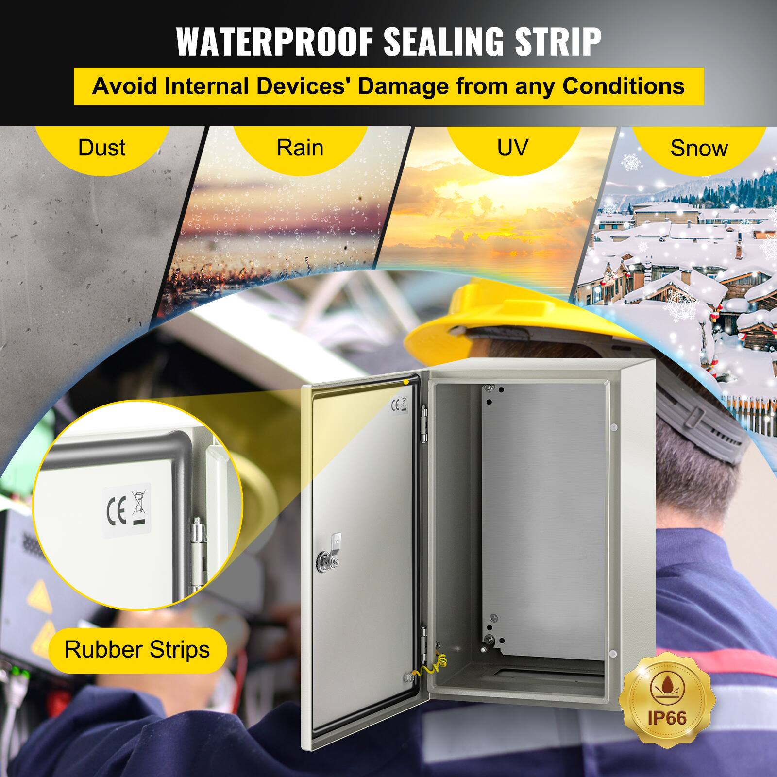 WATERPROOF SEALING STRIP  
Avoid Internal Devices' Damage from any Conditions  
Dust  
Rain  
UV  
Snow  
CE  
Rubber Strips  
IP66