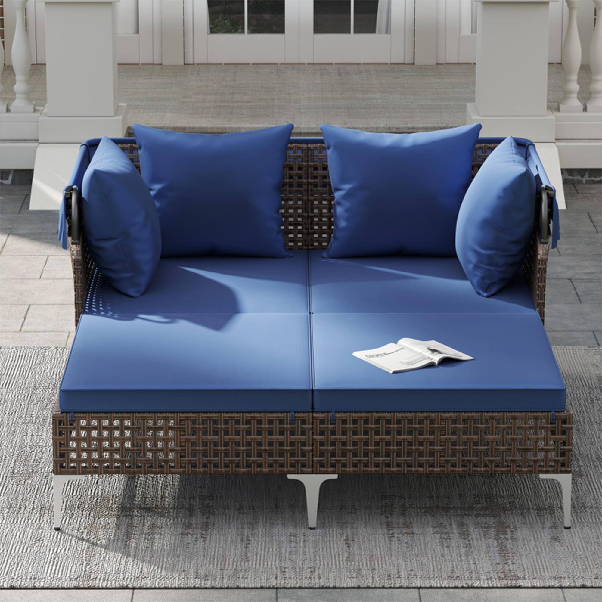 Alt View 3. Boyel Living - Navy Blue Outdoor Daybed with Retractable Canopy PE Wicker Rattan Patio Lounger 60in L x 545in W x 525in H - Navy Blue.