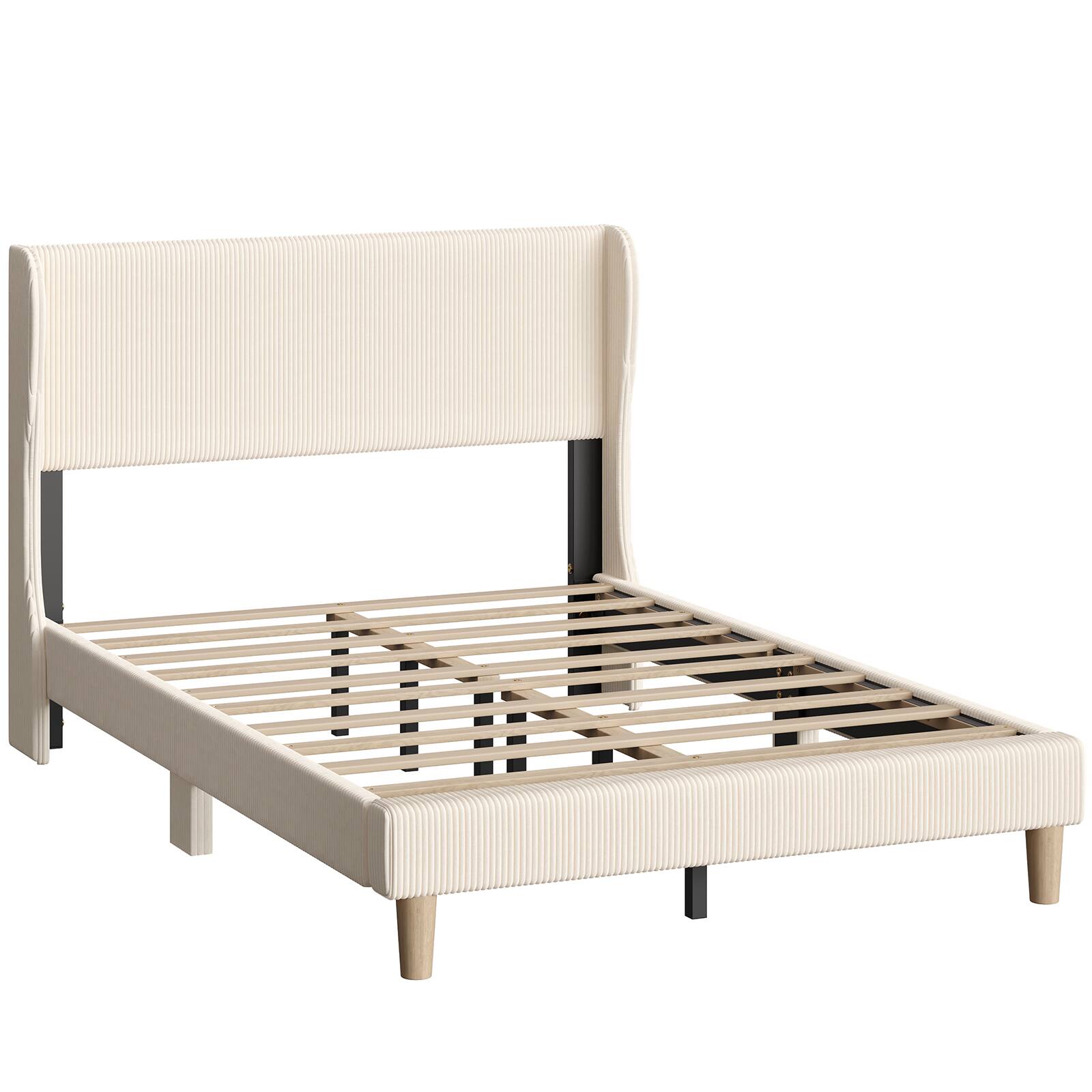 Alt View 4. Bestier - Wood Frame Corduroy Upholstered Platform Bed Frame with Wingback Headboard - Off White.