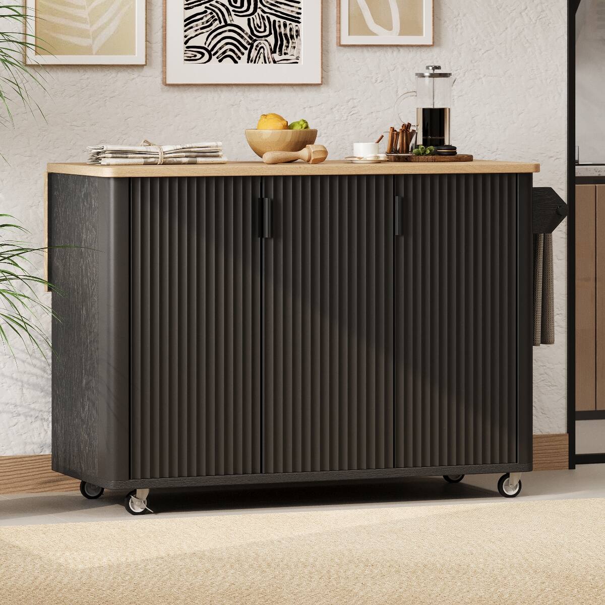 Front. Loheer - Loheer 51 inch Fluted Kitchen Island with Drop Leaf Farmhouse Kitchen Cart on Wheels Black Ash - Black.