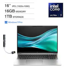 HP - EliteBook 860 Laptop 16.0 WUXGA (Intel Ultra 7 155U, 16GB DDR5, 1TB PCIe SSD, Win 11 Pro) w/USB Hub - Pike Silver