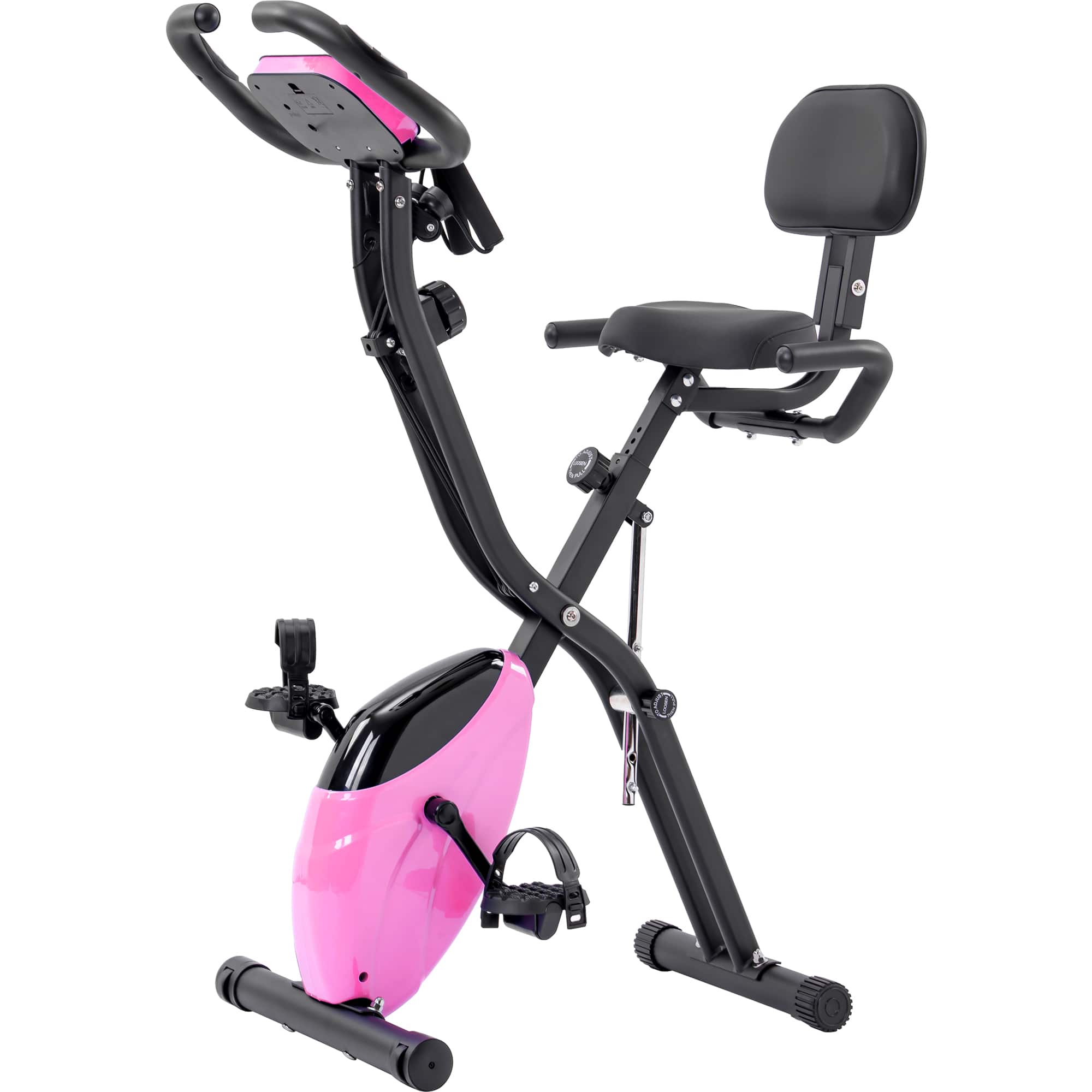 Akoasm - Upright and Recumbent Folding Exercise Bike with 16-Level Adjustable Resistance, Arm Bands and Backrest - Pink