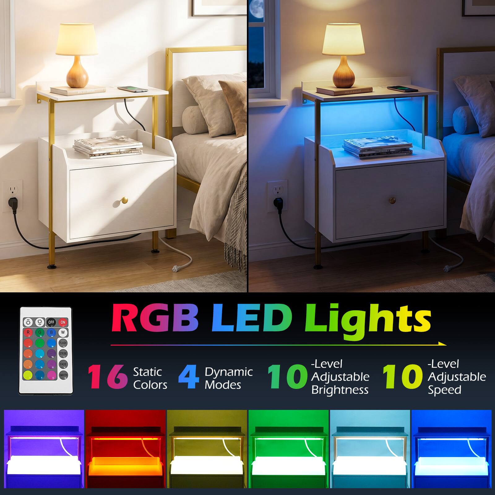 RGB LED Lights - 16 Static Colors, 4 Dynamic Modes, 10 Adjustable Brightness, 10 Adjustable Speed