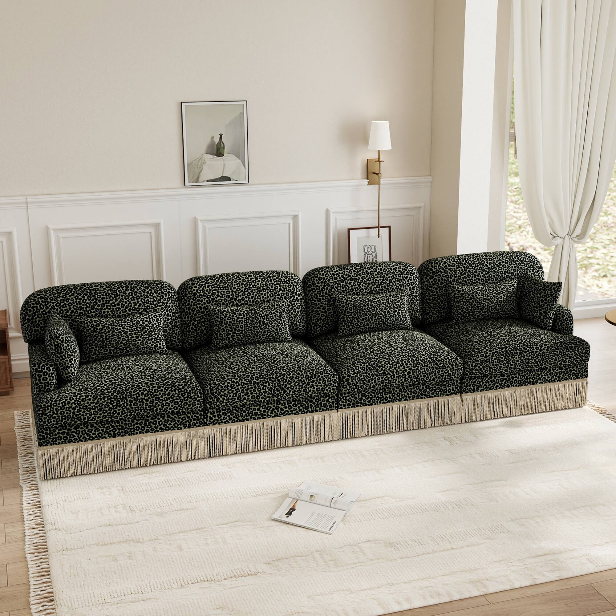 Left. Anysun - 131" Leopard Print Chenille 4-Seater Modular Sofa, Tassel Edge, Ergonomic Deep Seat, Easy Assembly Couch for Living Room - Green.