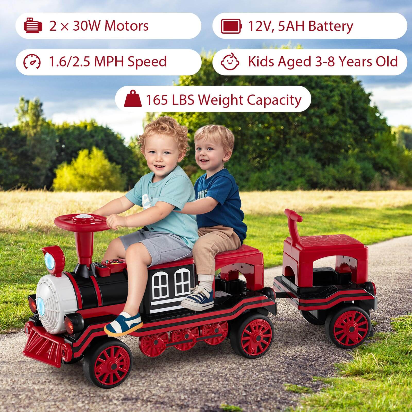 - 2 x 30W Motors
- 12V, 5AH Battery
- 1.6/2.5 MPH Speed
- Kids Aged 3-8 Years Old
- 165 LBS Weight Capacity