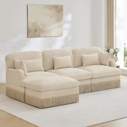 Front. Anysun - Modern Fashion Style L-Shaped Chenille Leopard Print Sofa with Movable Ottoman & Tassel Edge, Easy Assembly, Deep Seat - Beige.