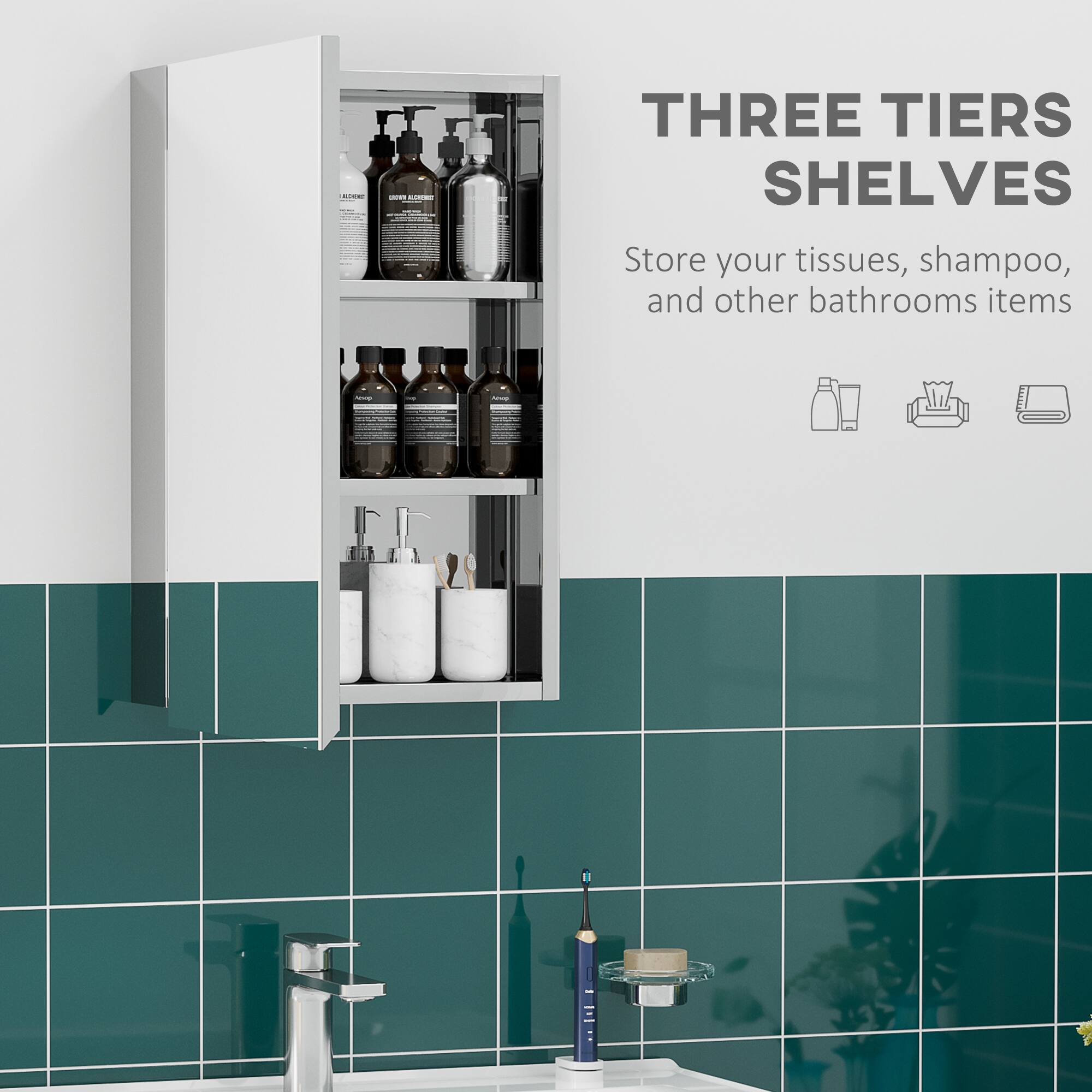 i - Ad : P . i THREE TIERS SHELVES Store your tissues, shampoo, and other bathrooms items :