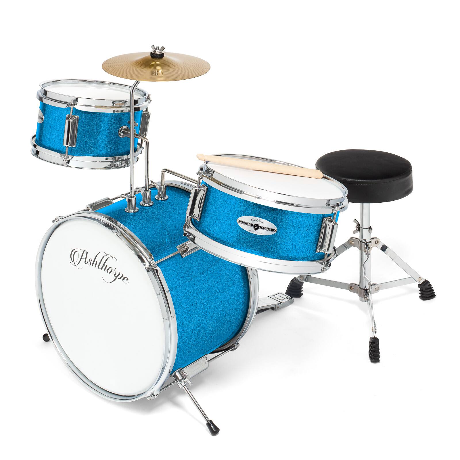 Ashthorpe - Beginner Drum Kit with Brass Cymbals (Set of 3) - Blue