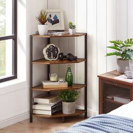 Vecelo - 4-Tier Corner Shelf Unit, Modern Fan-Shaped Bookshelf with Sturdy Metal Frame, Versatile Home Organizer - Brown