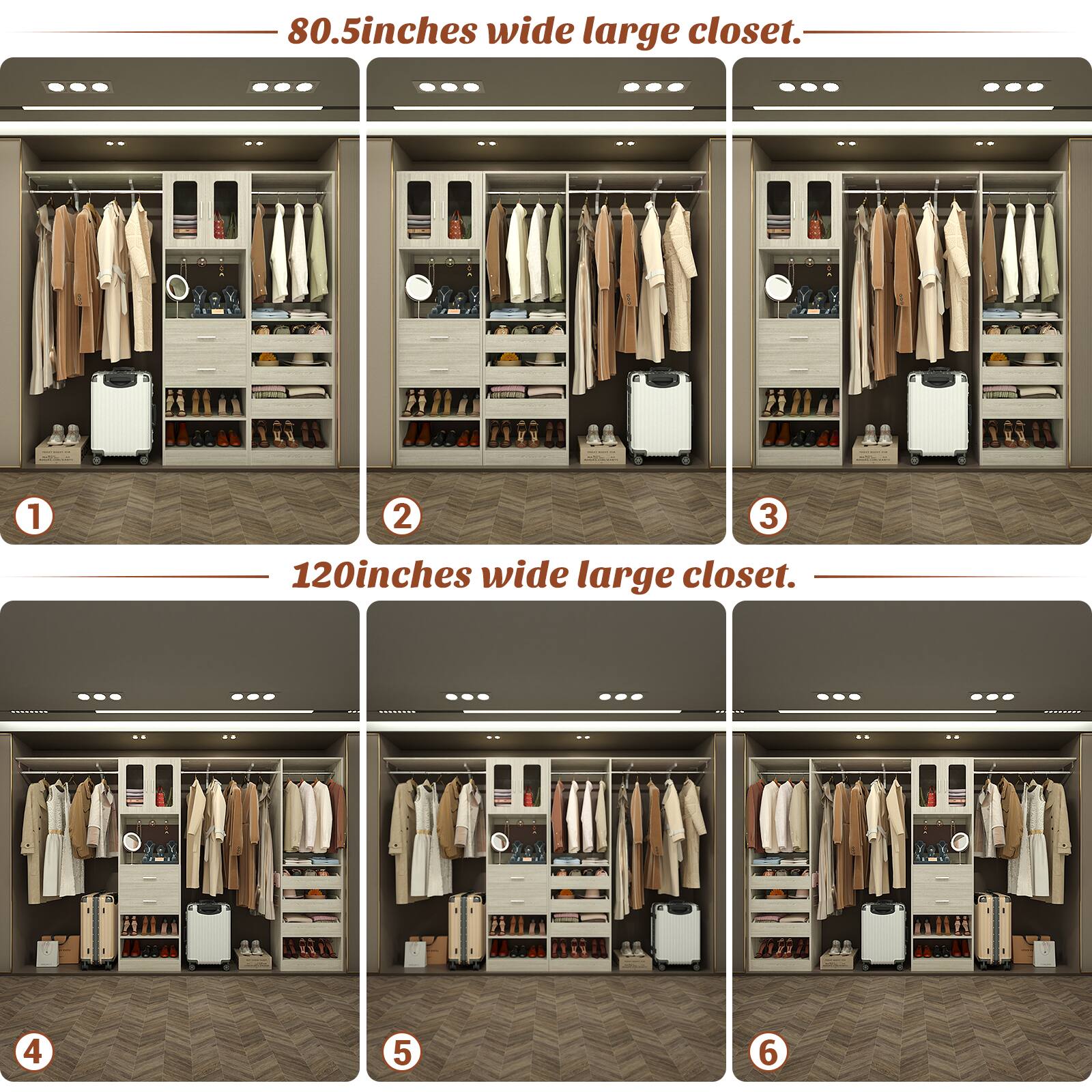 80.5 inches wide large closet.  
1888 1 2 3  
120 inches wide large closet.  
4 5 6