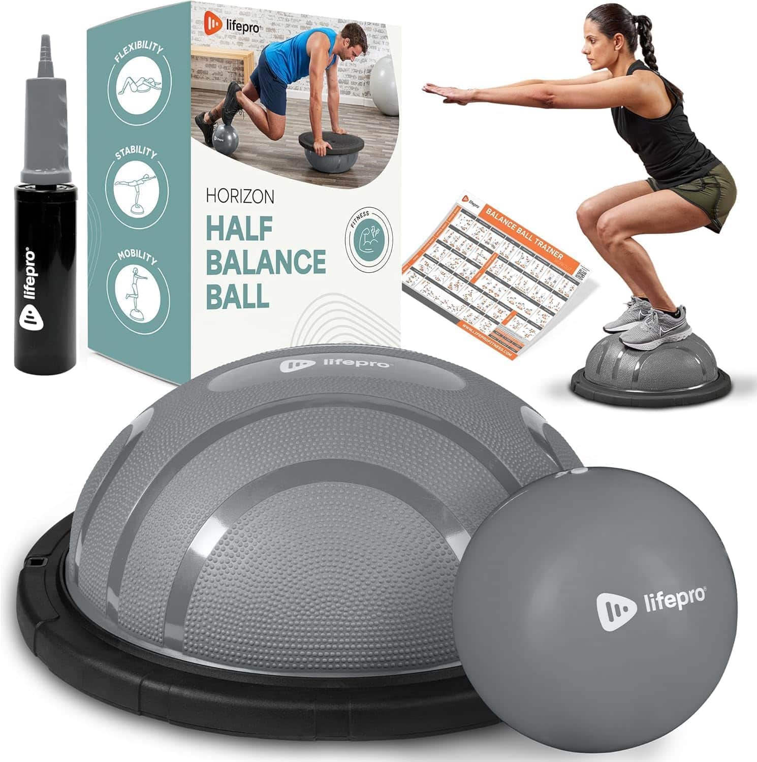 LifePro - Half Balance Ball Trainer for Core Stability Balance Training and Full Body Exercise - Gray