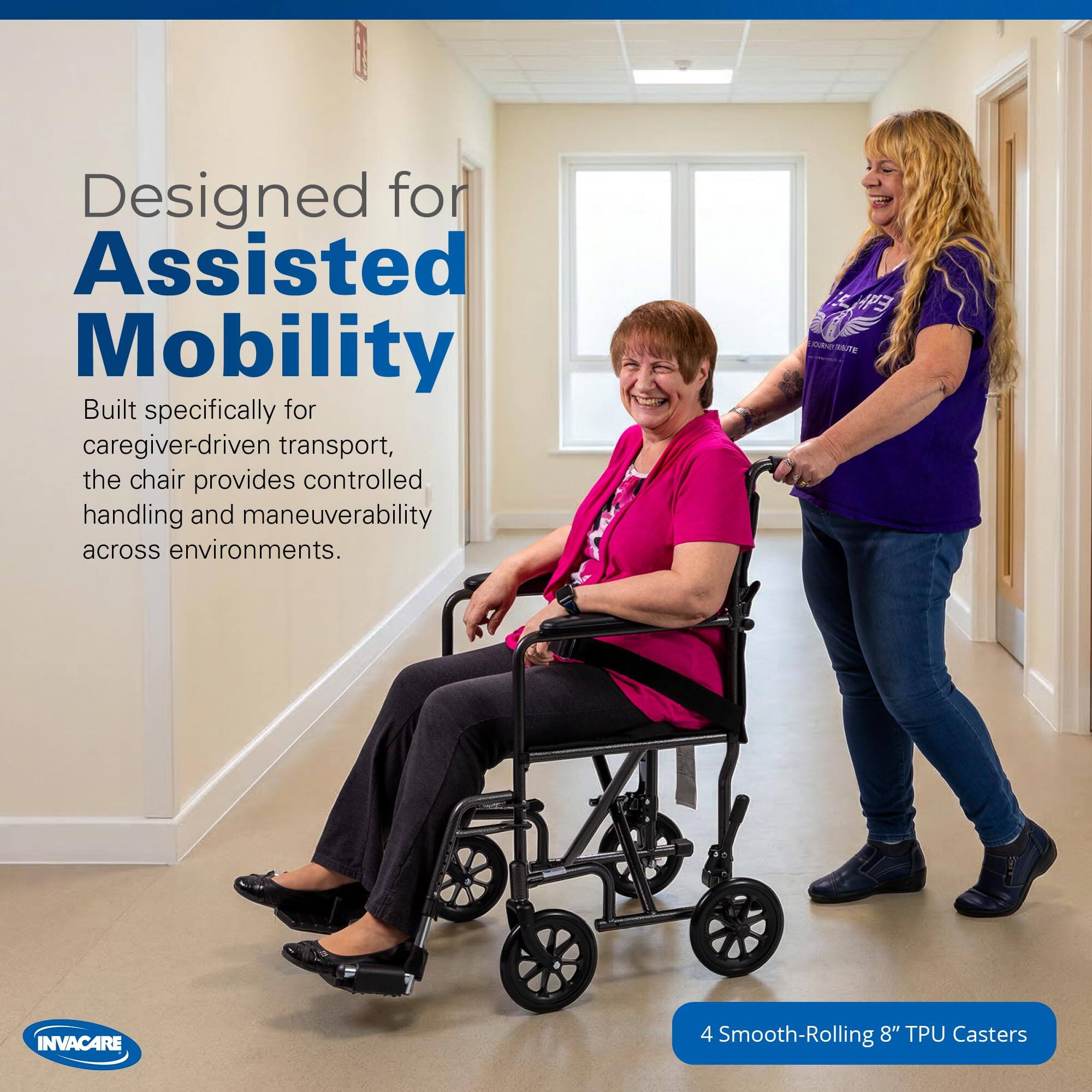 Designed for Assisted Mobility

Built specifically for caregiver-driven transport, the chair provides controlled handling and maneuverability across environments.

HP T INVACARE 4 Smooth-Rolling 8" TPU Casters