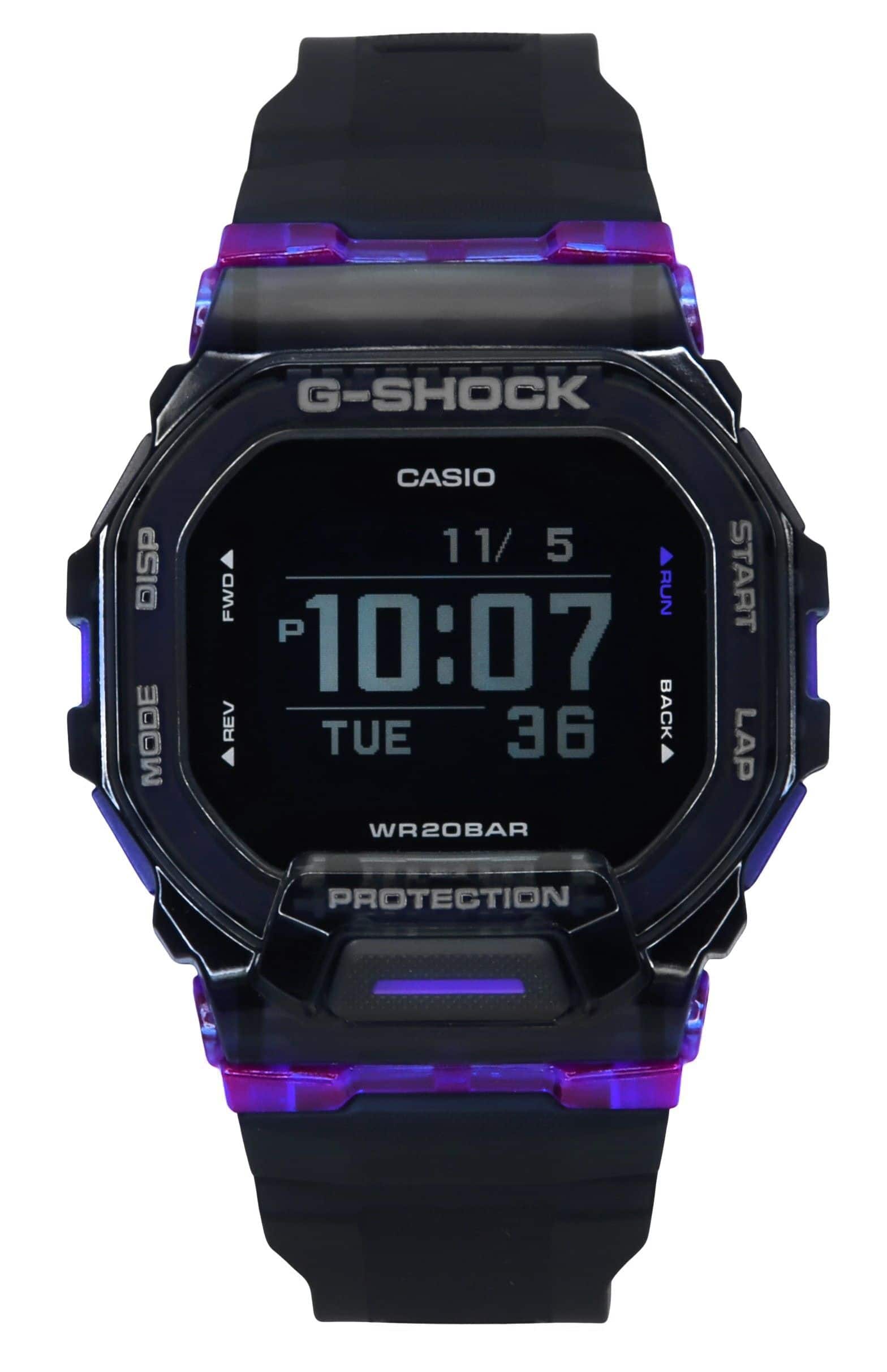 G-SHOCK DISP MODE CASIO 11/5 FWD RUN P 10:07 REV TUE 36 BACK WR20BAR START LAP PROTECTION