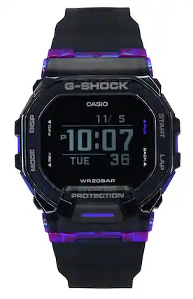 G-SHOCK DISP MODE CASIO 11/5 FWD RUN P 10:07 REV TUE 36 BACK WR20BAR START LAP PROTECTION