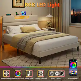 Furnulem - Upholstered Bed Frame Modern Platform Bed with Charging Station & LED Light - Beige