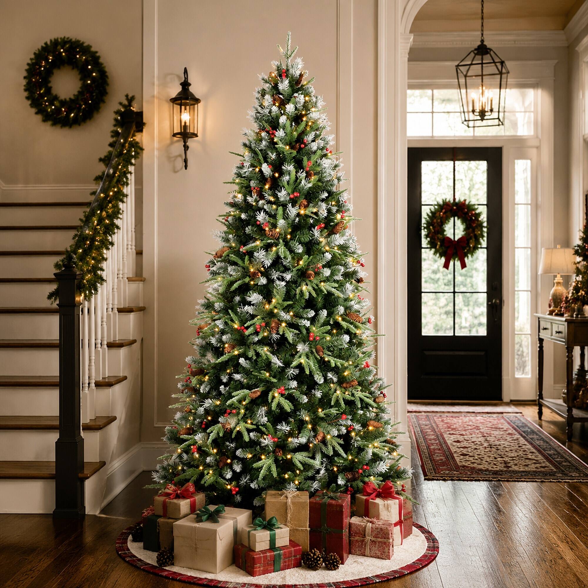 Alt View 1. RYHNUYNE - 7FT Pre-Lit Christmas Tree,450 Warm White LED Lights 2178 Snow-Tipped Branches Red Berries Pine Cones Metal Stand - Green,White.