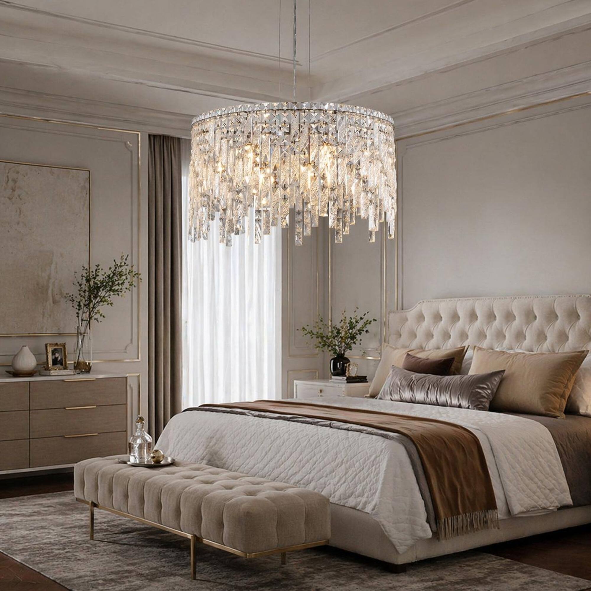 Back. RYHNUYNE - 24 Inch Round Silver Crystal Chandelier with Cascading Teardrop Accents, Modern Rectangular Pendant Light.