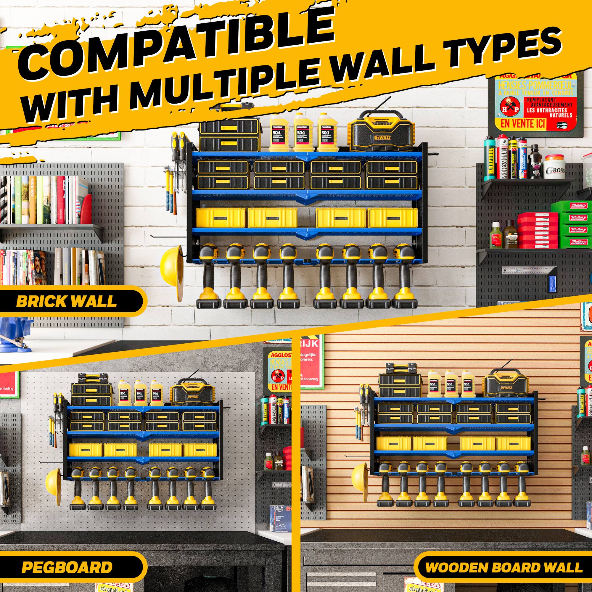 COMPATIBLE WITH MULTIPLE WALL TYPES

- BRICK WALL
- PEGBOARD
- WOODEN BOARD WALL