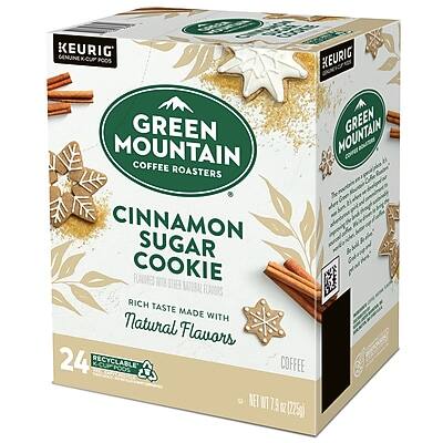 KEURIG CENUINE K-CUP PODS  
GREEN MOUNTAIN COFFEE ROASTERS  
CINNAMON SUGAR COOKIE  
FLAVORED WITH NATURAL FLAVORS  
RICH TASTE MADE WITH NATURAL FLAVORS  
24 RECYCLABLE COFFEE PODS  
NET WT 19 OZ (225g)