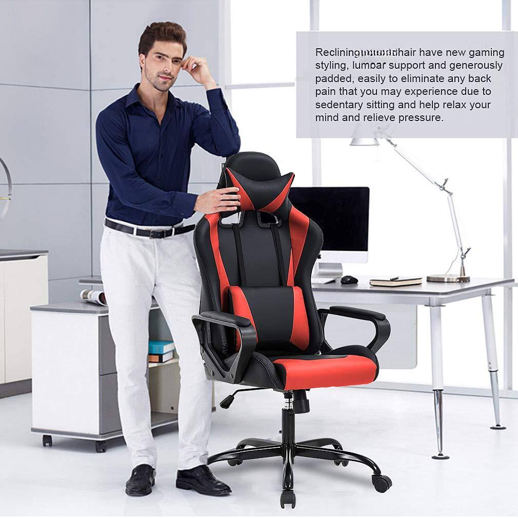 Reclining gaming chairs have new gaming styling, lumbar support, and generously padded features, easily eliminating any back pain that you may experience due to sedentary sitting and helping to relax your mind and relieve pressure.