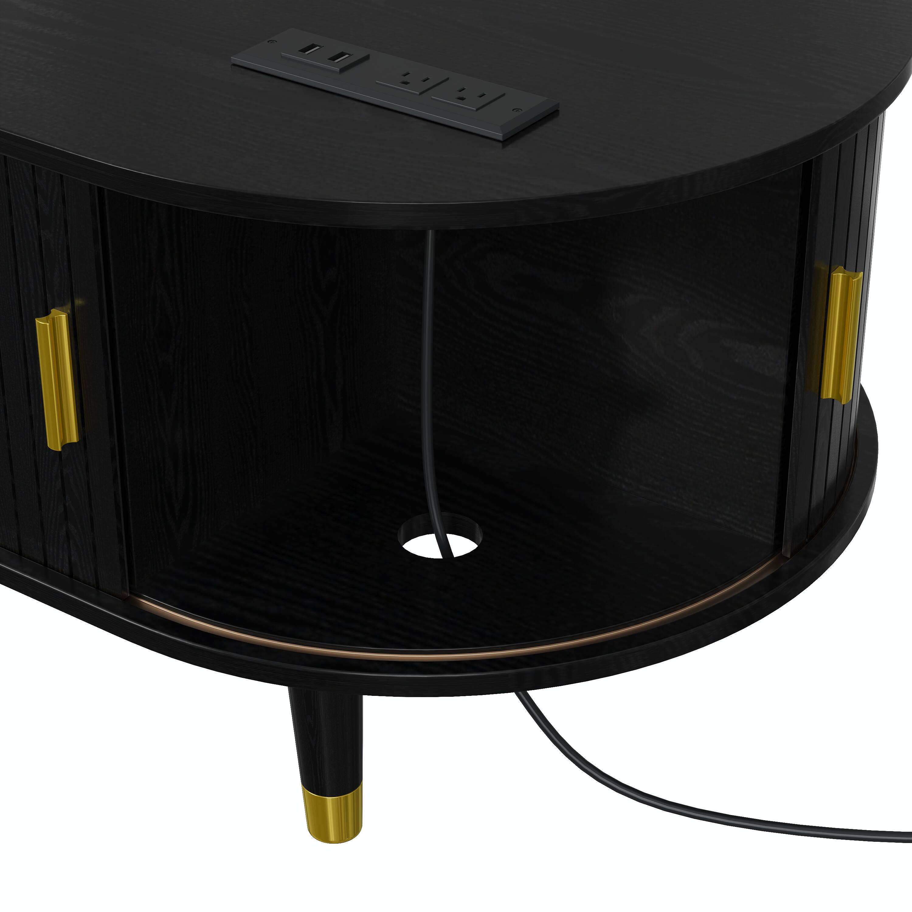 Left. Lirago - 43" Century Farmhouse Wooden Oval Coffee Table Fluted Design with Charging Station Sliding Tambour Door Solid Wood Legs - Black.