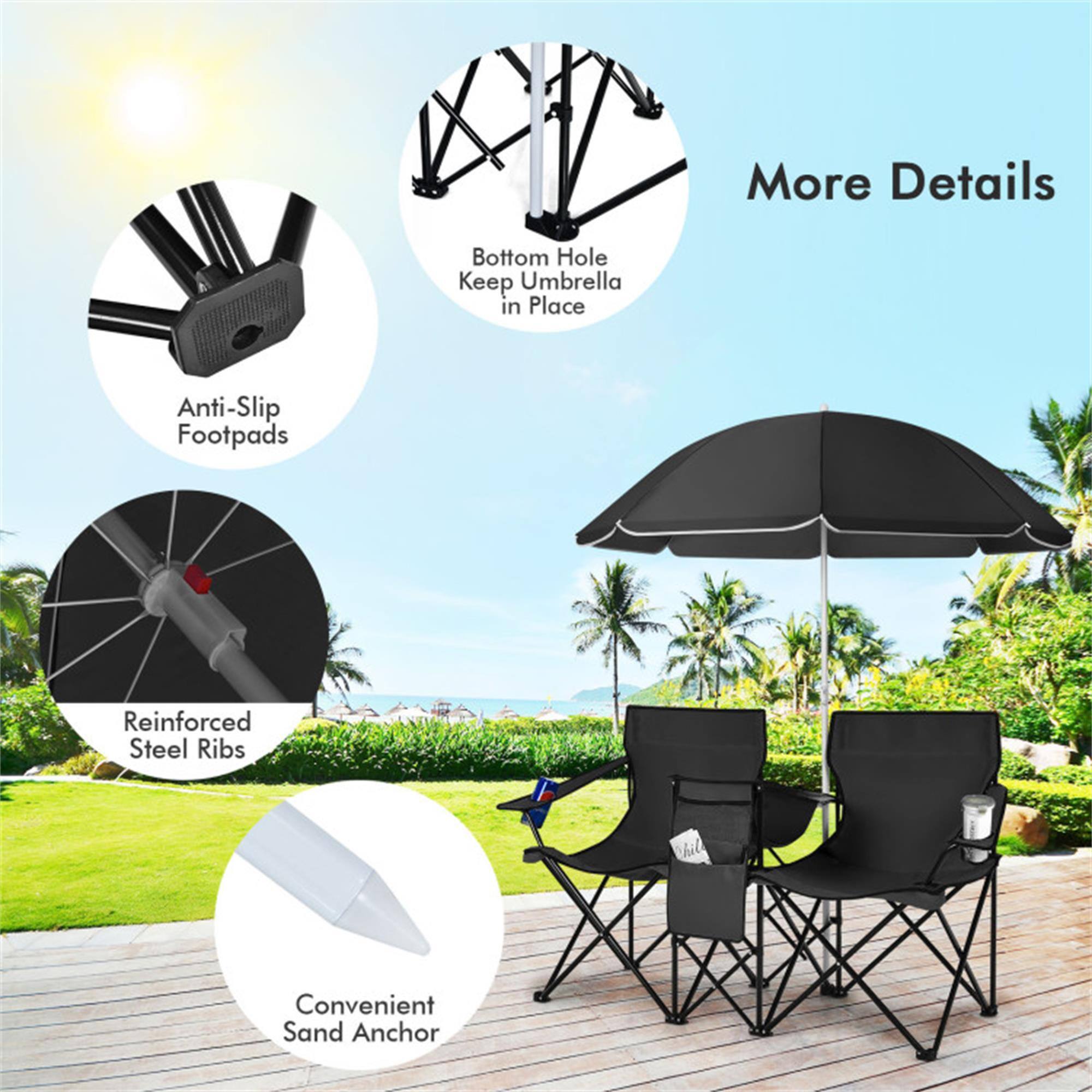 More Details

- Anti-Slip Footpads
- Bottom Hole Keep Umbrella in Place
- Reinforced Steel Ribs
- Convenient Sand Anchor