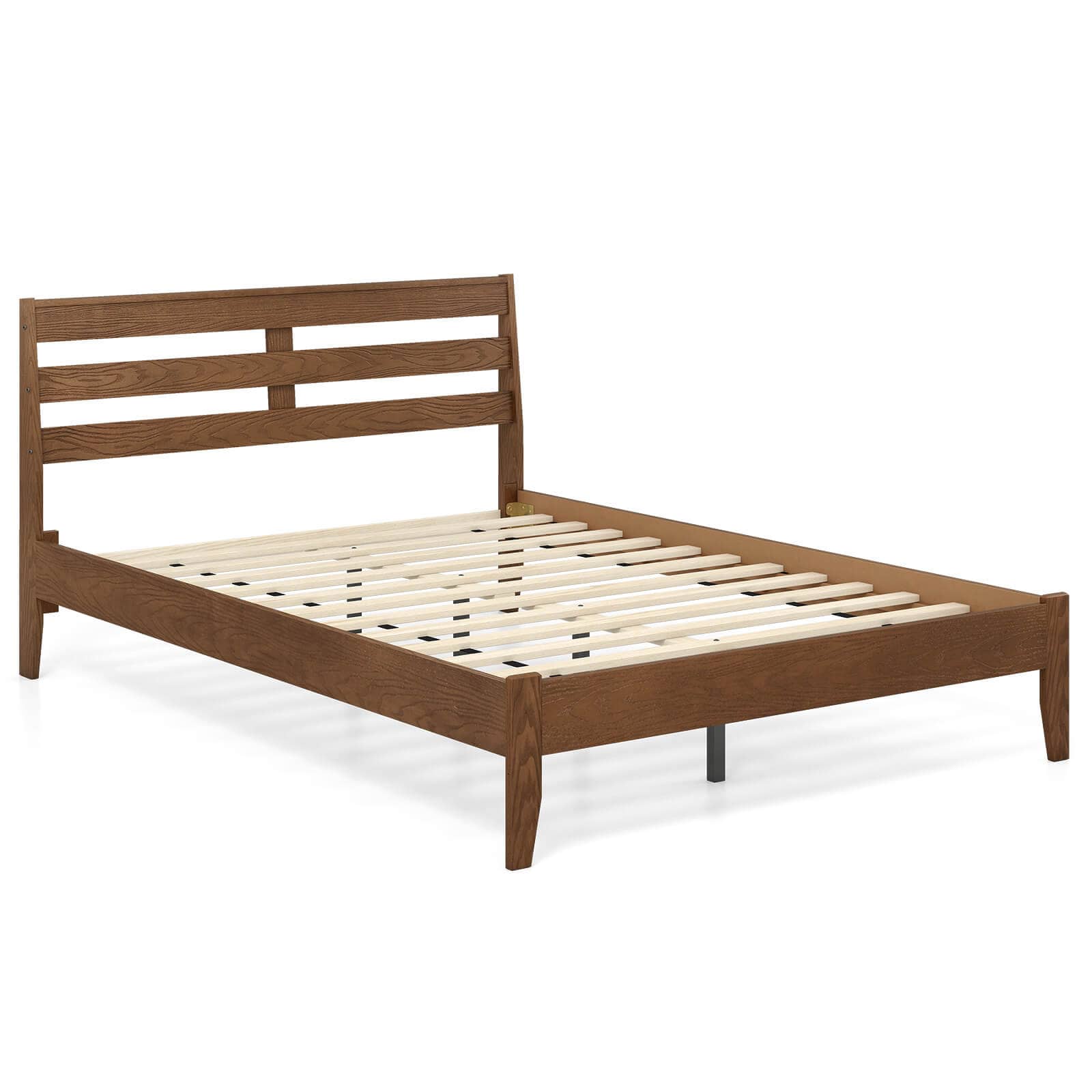 Costway - Full Size Wood Bed Frame with Slat Headboard Under-Bed Storage Space Caramel - Brown