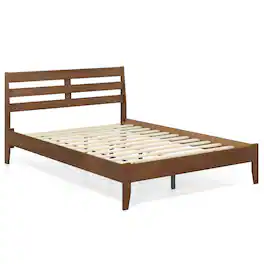 Costway - Full Size Wood Bed Frame with Slat Headboard Under-Bed Storage Space Caramel - Brown